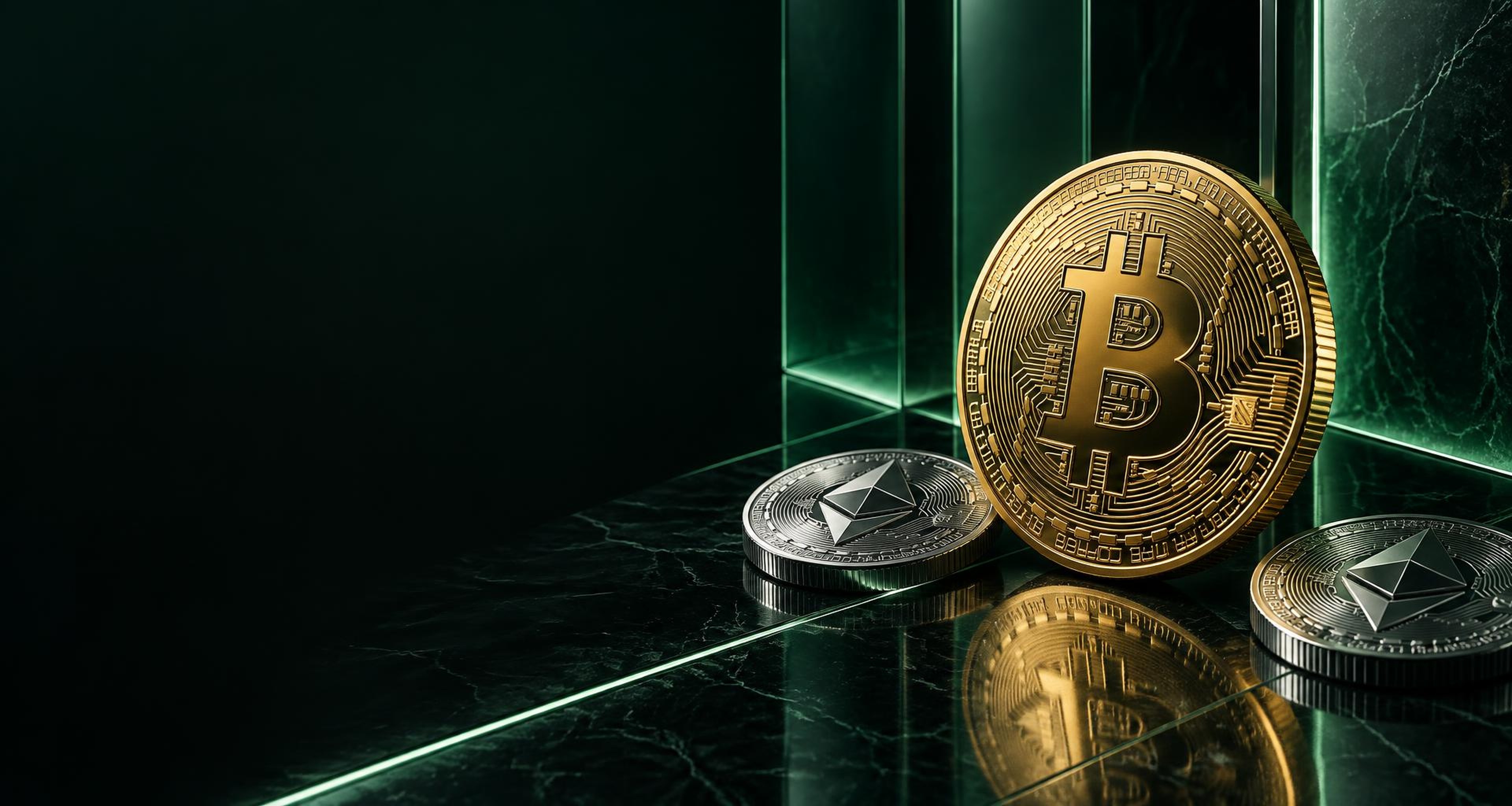 Gold Bitcoin and silver Ethereum coins on an emerald glass surface